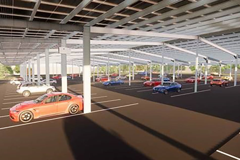 Grüner Solarstrom von einem gigantischen Carport: So wird der Parkplatz hinter der Zwickauer Stadthalle in einem Jahr aussehen.