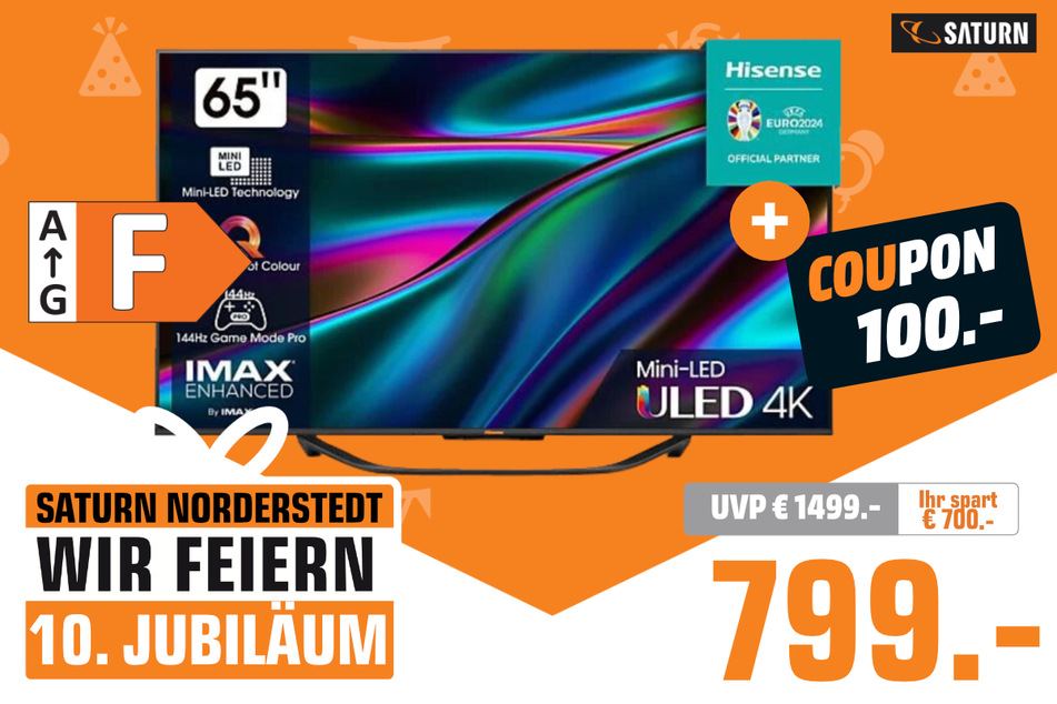 65-Zoll Hisense-Fernseher für 799 statt 1.499 Euro + 100-Euro-Coupon.