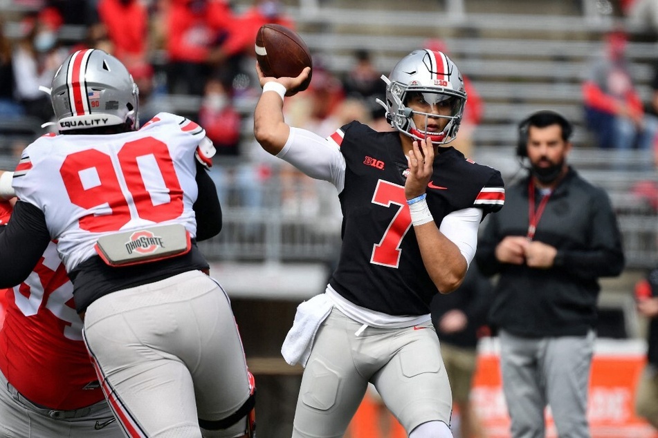 Ohio State Quarterback C.J. Stroud passes during the Spring Game at the Horse Shoe Stadium.