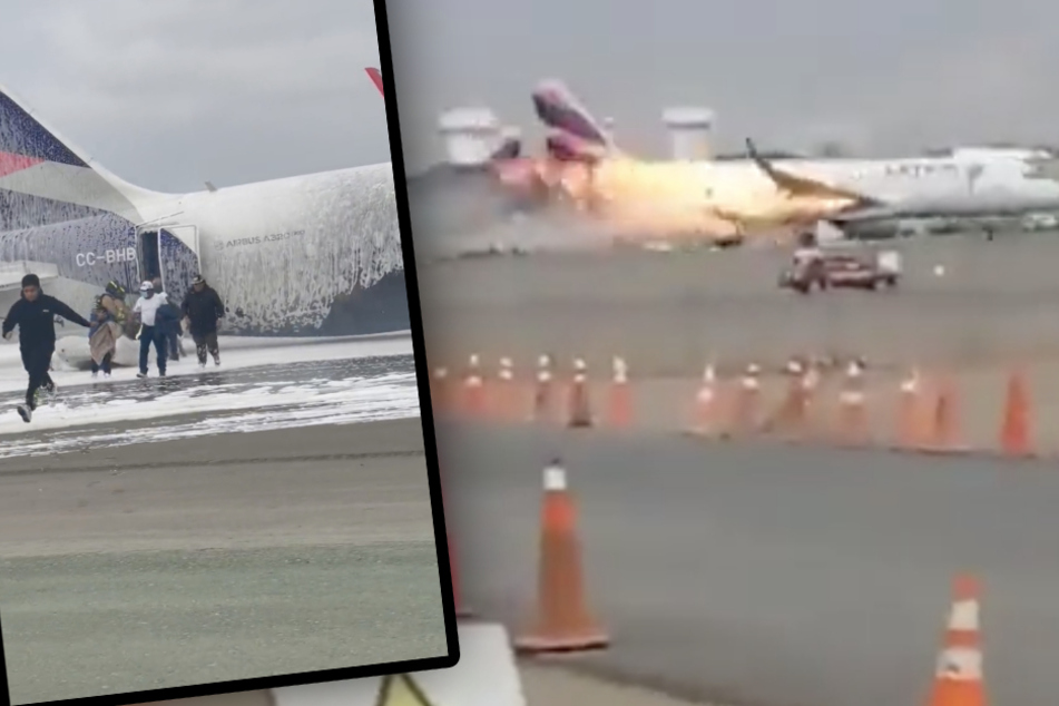 Nachdem das brennende Flugzeug zum Stehen kam, retteten sich die Passagiere ins Freie.