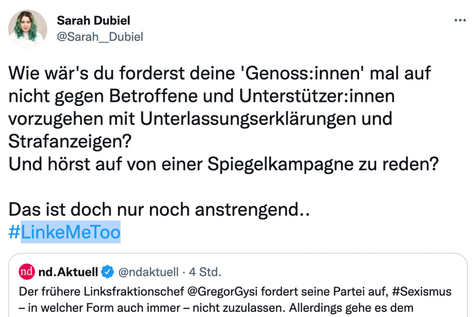 Auch der bekannte Linken-Politiker Gregor Gysi (74) wurde von Sarah Dubiel (27) auf Twitter öffentlich kritisiert.
