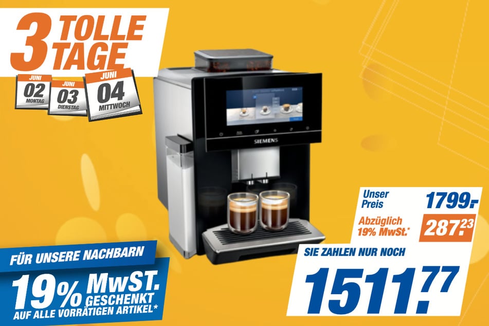 Siemens-Kaffeevollautomat EQ9 TQ905DF9 für 1.511,77 statt 1.799 Euro.