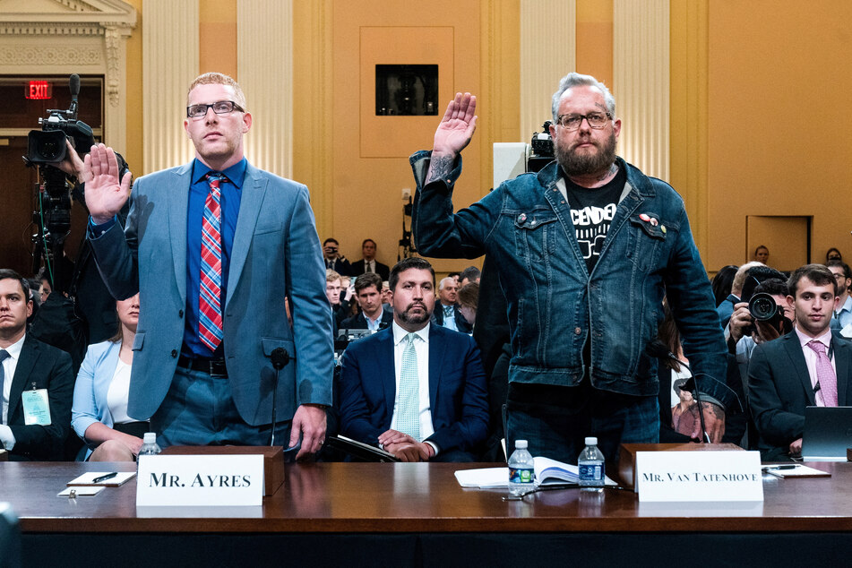 Jason Van Tatenhove, a former spokesperson for the Oath Keepers, and Stephen Ayres, who was a participant in the January 6 attack, get sworn in by the House select committee.