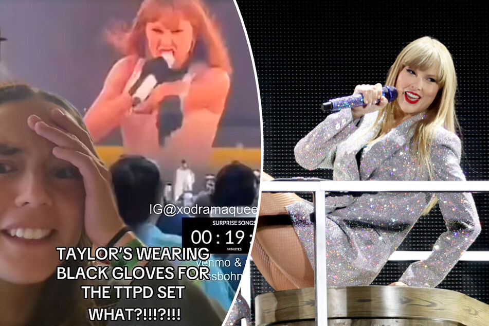 Taylor Swift (r.) sported new black gloves at The Eras Tour in Edinburgh, but is the look really an Easter egg?