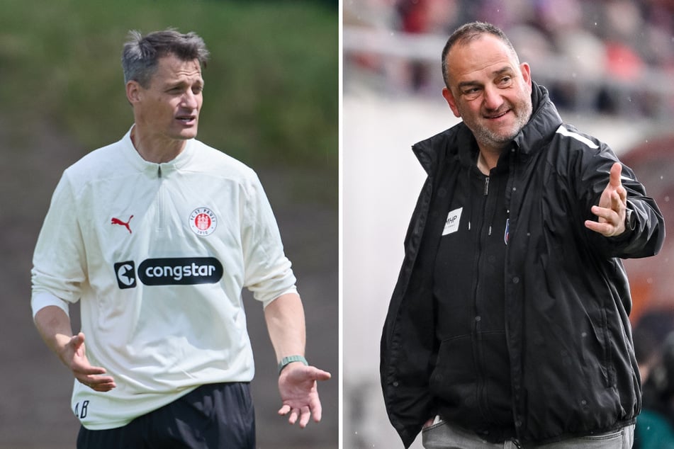 St.-Pauli-Coach Alexander Blessin (51, l) und Heidenheim-Trainer Frank Schmidt (50) haben eine hohe Meinung voneinander.