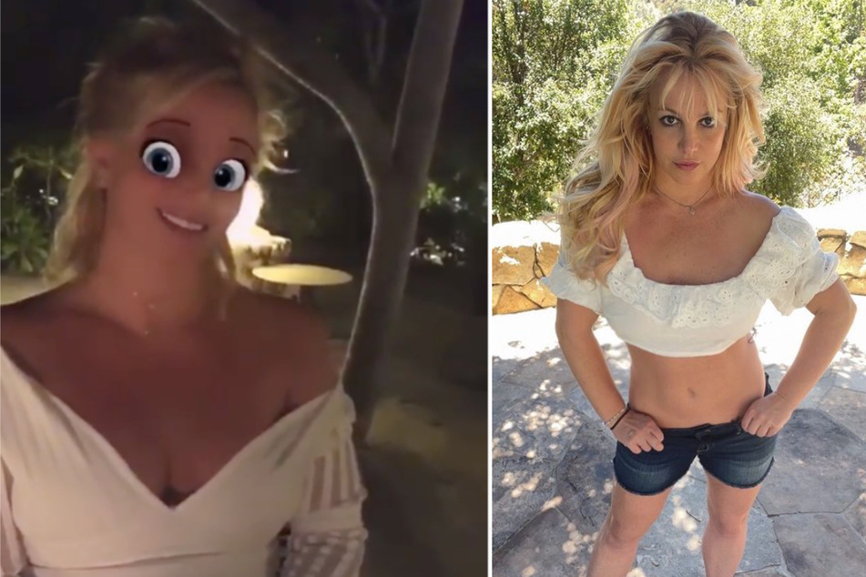 Britney Spears shared quirky filtered videos from her trip to French Polynesia (l.) and thanked fans for her freedom with a new photo and emotional post (r.).