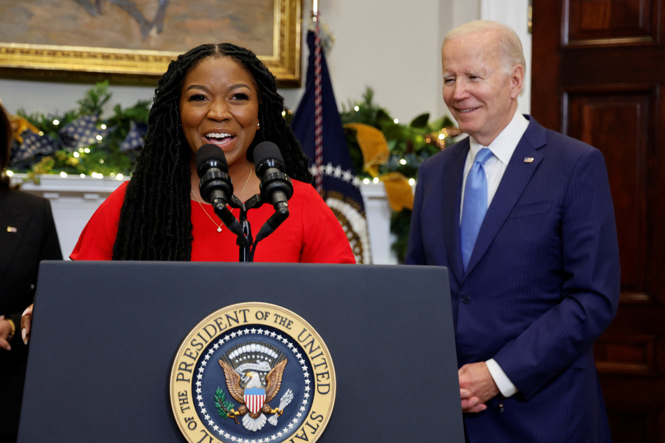 Cherelle Griner, Brittney Griner's wife, speaks at the White House while President Joe Biden looks on.