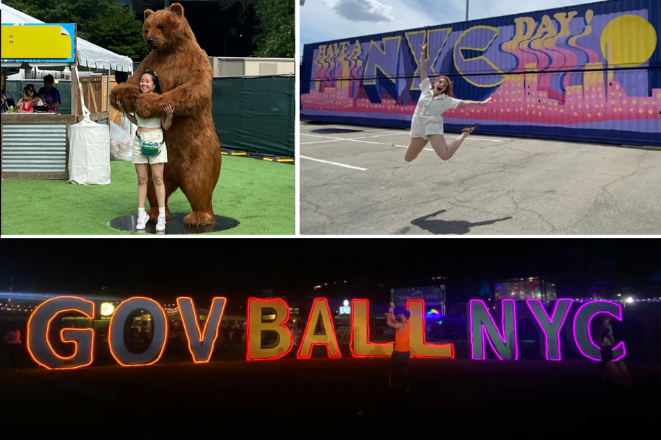 The Gov Ball sign lit up on Saturday night (bottom), while festivalgoers enjoyed some daytime fun (top).