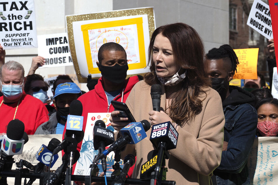 Lindsey Boylan, seen here at a protest demanding Cuomo's resignation, is also mentioned in Rita Galvin's letter.