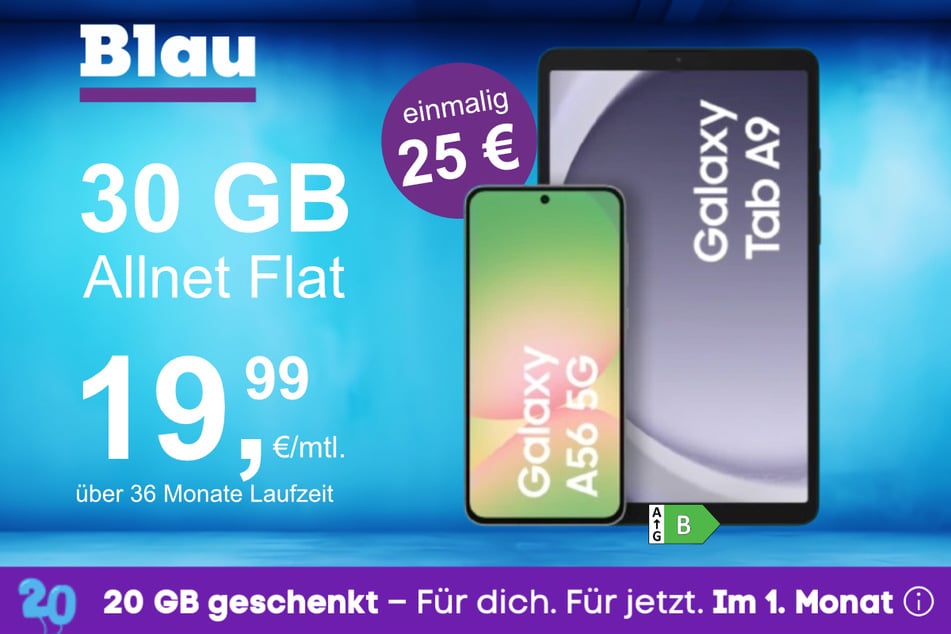 Das Samsung Galaxy A56 + Tab A9 im Blau Allnet L für einmalig 25 Euro.