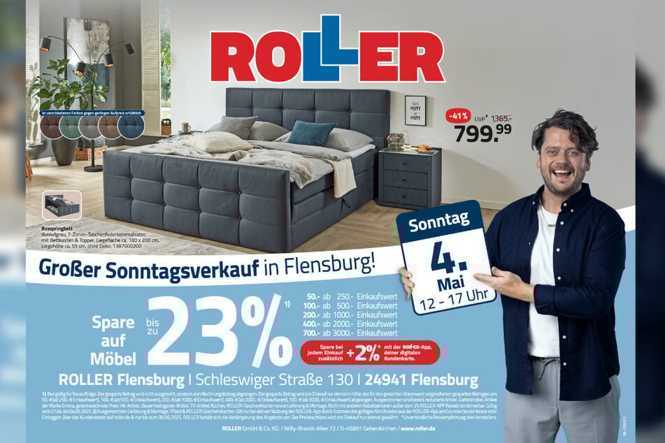 In Flensburg begeistert ROLLER mit Boxspringbetten, die 41 Prozent günstiger sind.