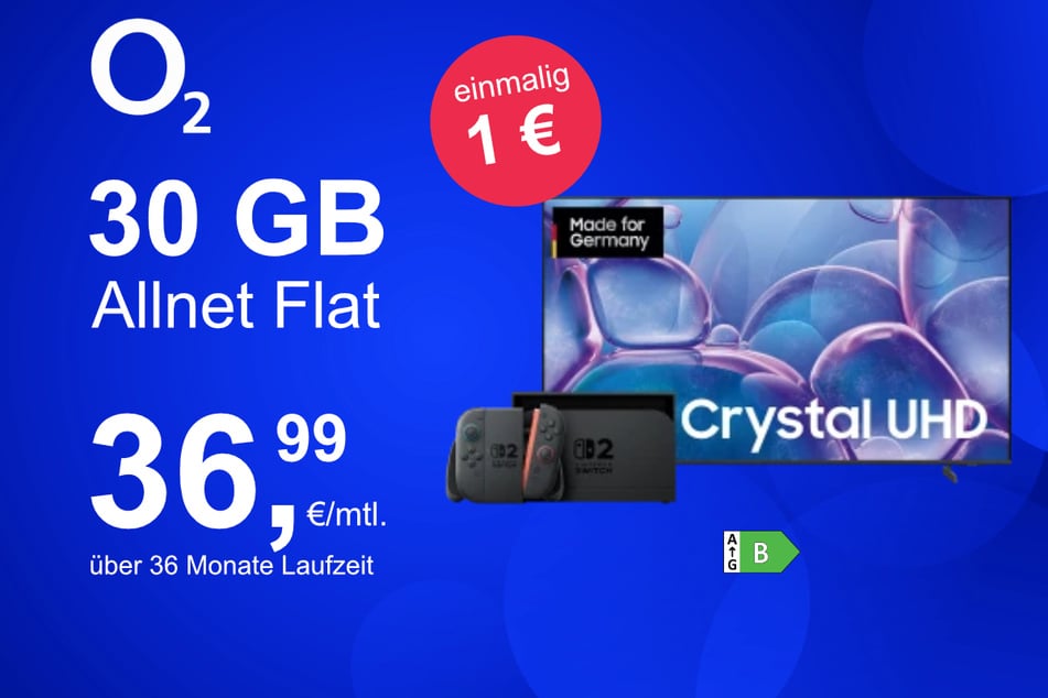 Der 50-Zoll Samsung TV (GU50U7079FUXZG) + Nintendo Switch 2 im o2 Mobile M für einmalig nur 1 Euro.