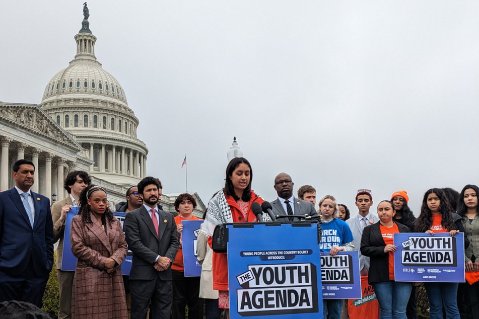 Elise Joshi of Gen-Z for Change speaks before the US Capitol as youth-led groups unveil their Finish the Job agenda for 2024 candidates.