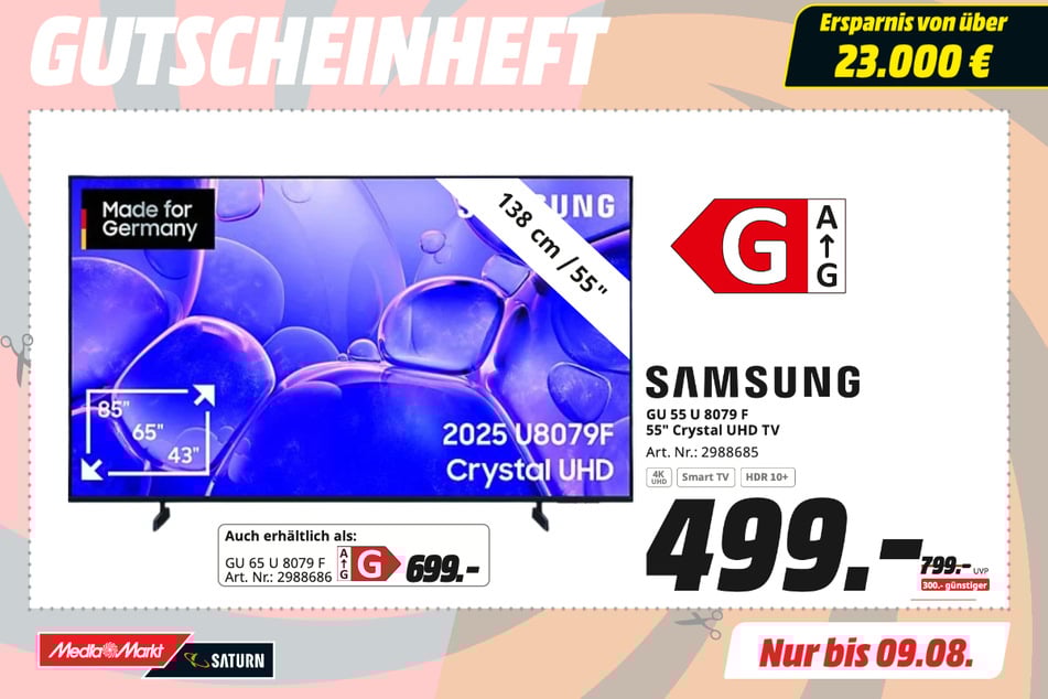 55-Zoll Samsung-Fernseher GU55U8079F für 499 statt 799 Euro.