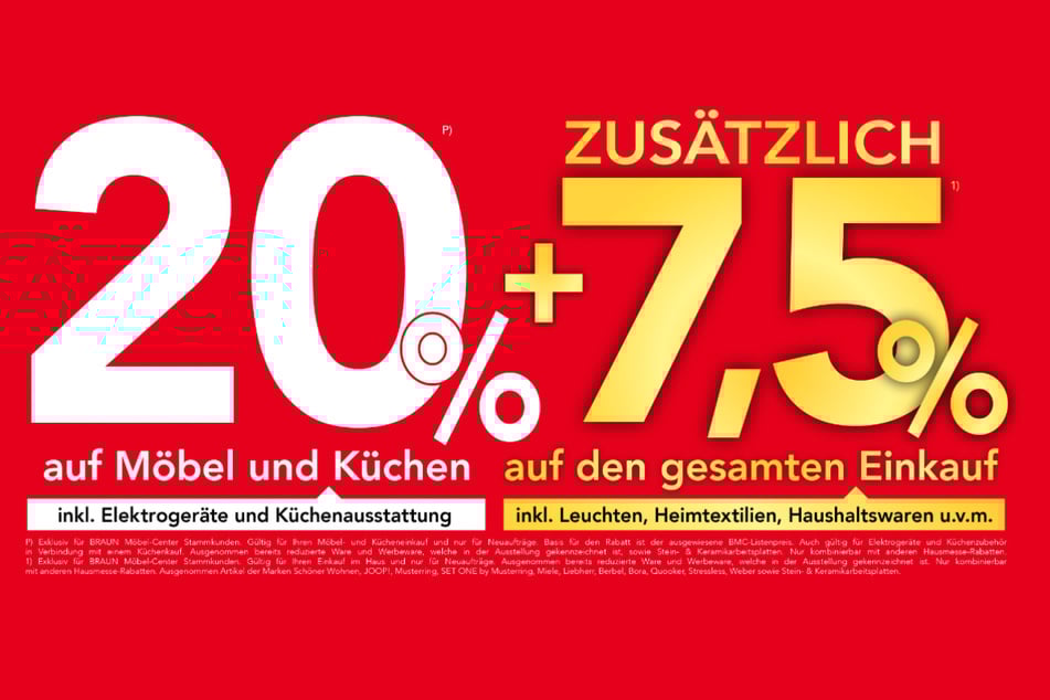 Es gibt 20 Prozent auf Möbel und Küchen sowie 7,5 Prozent Extra-Rabatt auf den gesamten Einkauf.