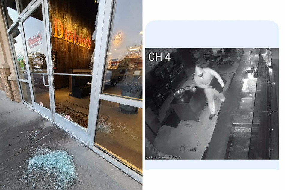 Diablo's Southwest Grill was damaged during a burglary. The surveillance camera filmed the perpetrator (collage).