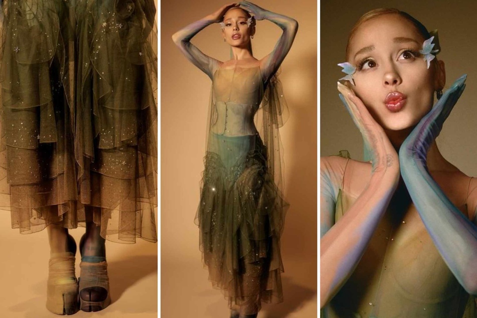 Ariana Grande took to the stage in a diaphanous green-tinted mesh gown with sparkling star and glitter accents, bespoke Maison Margiela Artisanal by John Galliano. She accented the nymph look with mossy-looking green, blue, and purple-hued mesh gloves and similarly gauzy "cloven hoove" heels.