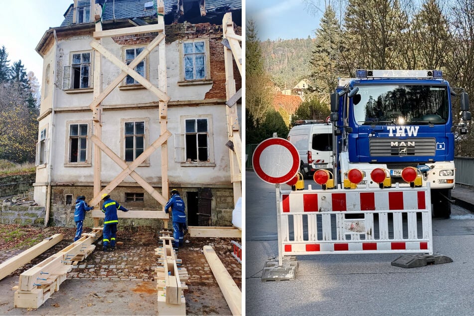 Teile des Daches landeten auf Straße: Technisches Hilfswerk sichert Problemhaus von Porschdorf