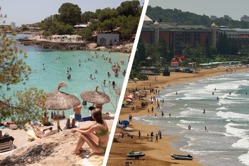 Die spanische Insel Mallorca (l.) sowie die türkische Küstenstadt Antalya (r.) sind die beliebtesten Reiseziele im Sommer.