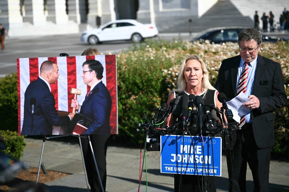 Congresswoman Marjorie Taylor Greene (left) announced on Wednesday that she will be pushing forward her motion to vacate House Speaker Mike Johnson next week.