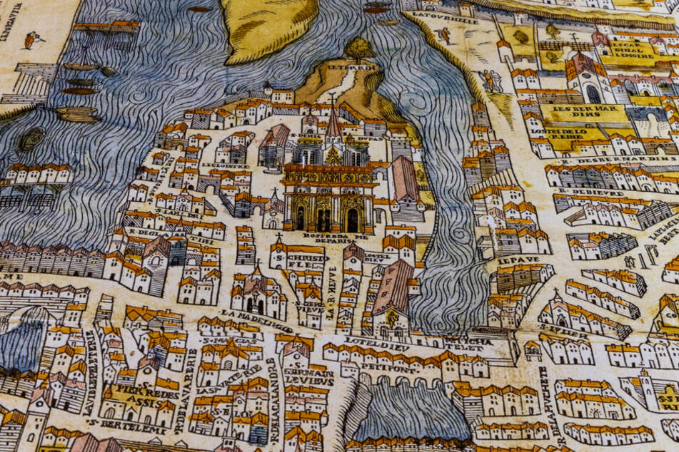 Der historische Stadtplan von Paris zeigt die Île de la Cité mit Notre-Dame.