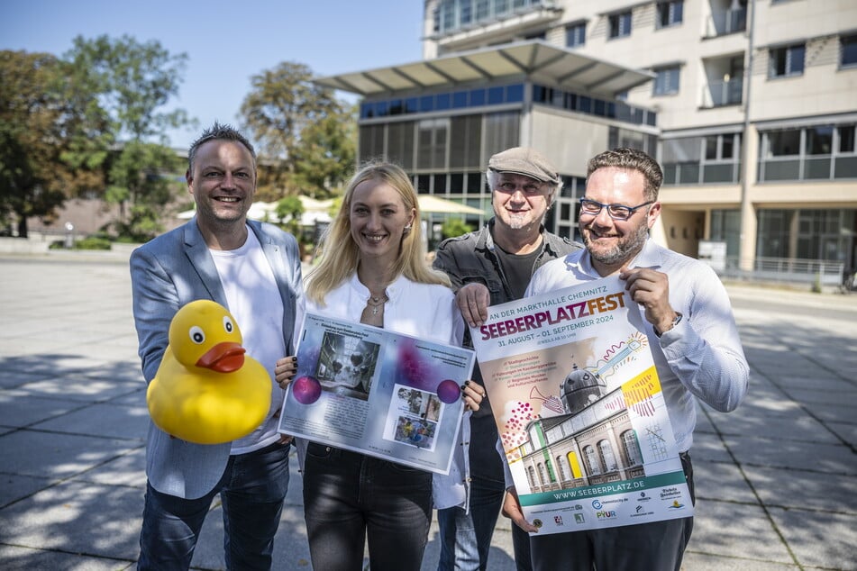 Spaß am Seeberplatz: (v.l.) Markus Brückner (44, Lions-Club), Künstlerin Krystina Shpakouskaya (30), Peter Deutschmann (60, Bühnenprogramm) und Chris Dietrich (40, Organisator).