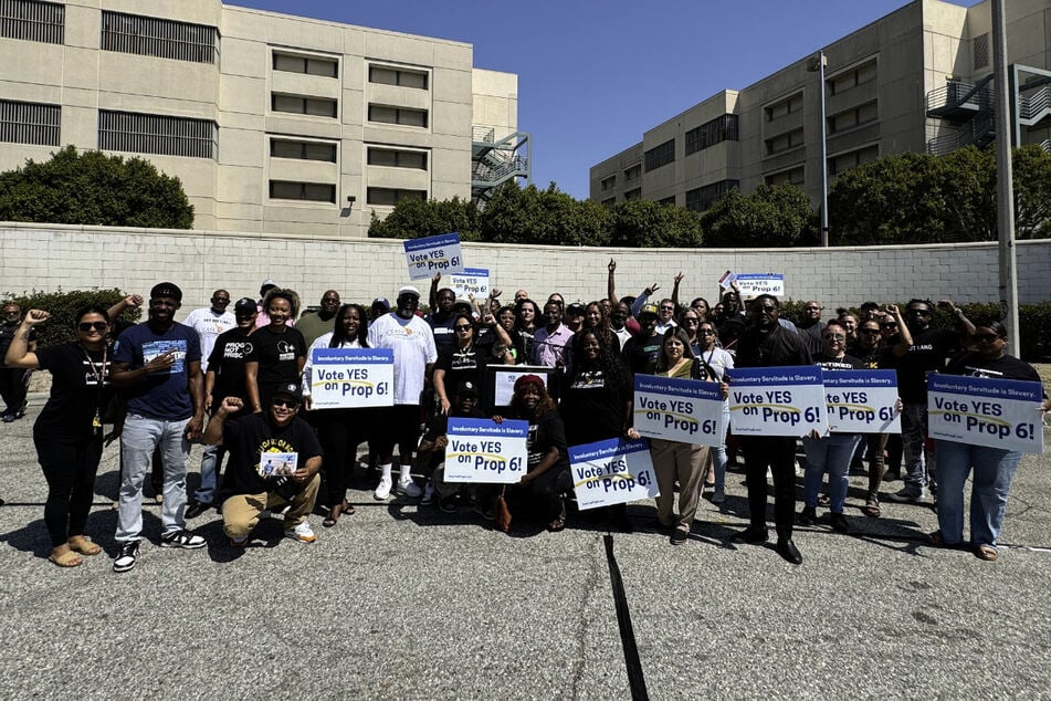 Supporters of California's Prop 6 ballot measure rally for an end to enslavement and involuntary servitude.