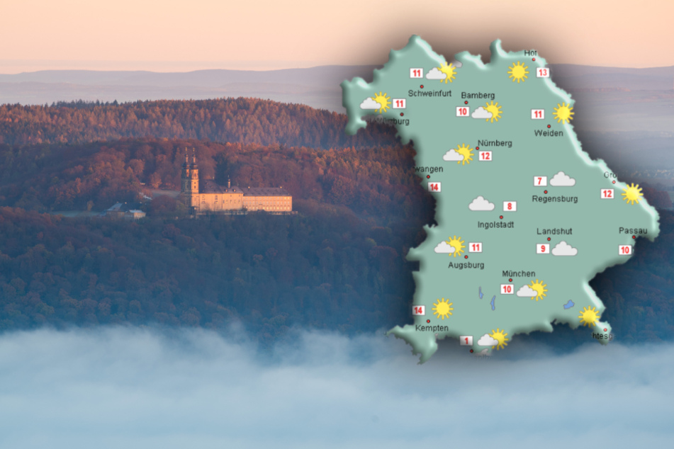 Das Kloster Banz ragt aus der mit morgendlichem Nebel bedeckten Landschaft rund um den Staffelberg heraus.