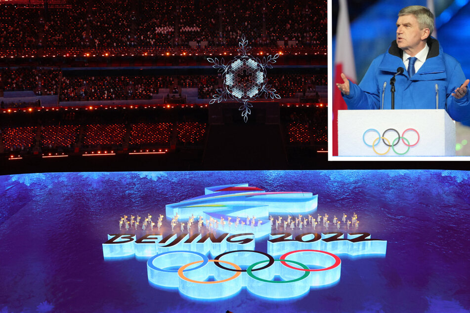 IOC President Thomas Bach (inset) spoke during the closing ceremony of the Beijing 2022 Winter Olympic Games at National Stadium in Beijing, China.