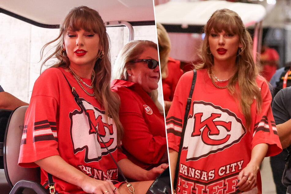 Taylor Swift put a chic spin on some classic NFL gear as the pop star headed to Kansas City to support Travis Kelce and the Chiefs.