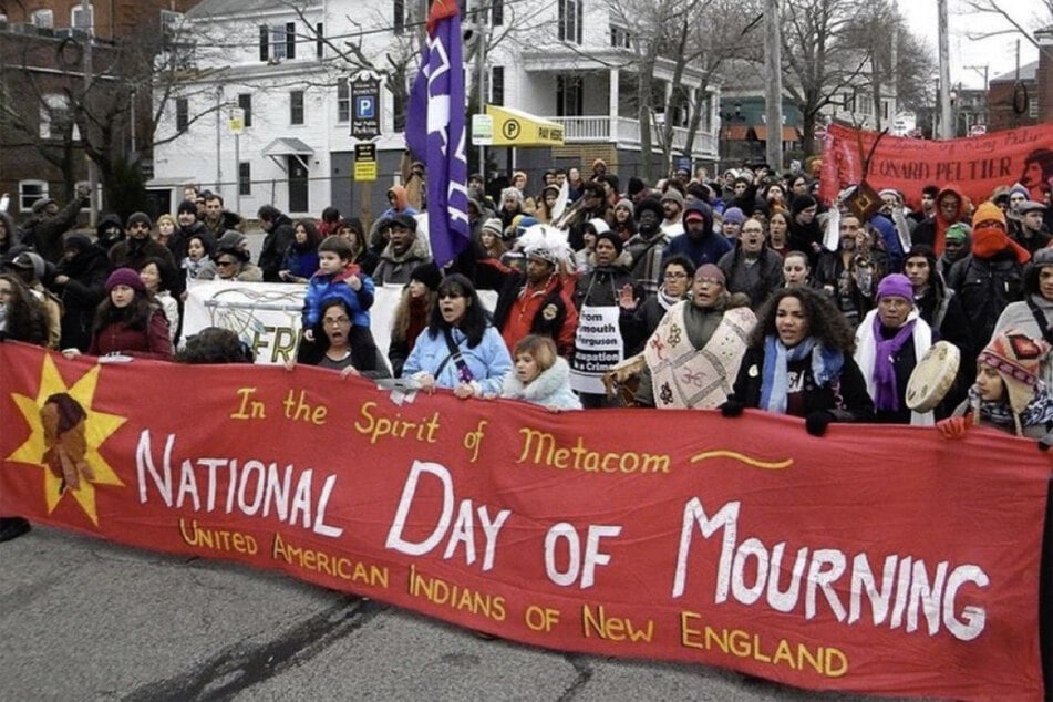 Indigenous people and allies march against US settler-colonialism in the National Day of Mourning in Plymouth, Massachusetts, on November 28, 2024.