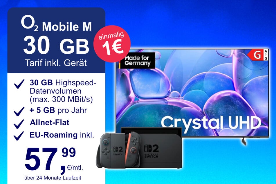 Die Nintendo Switch 2 plus Samsung 50-Zoll Crystal UHD im o2 Mobile M inkl. 30 GB+ für einmalig nur 1 Euro.