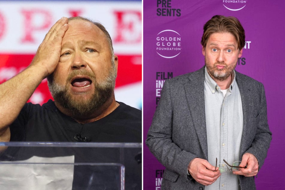 On Friday, comedian Tim Heidecker (r) made his debut as the host of InfoWars after The Onion managed to buy out the site from Alex Jones (l.)