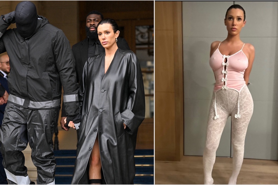 Kanye West (l.) showed off Bianca Censori's fit (r.) from his Vultures 2 listening party.
