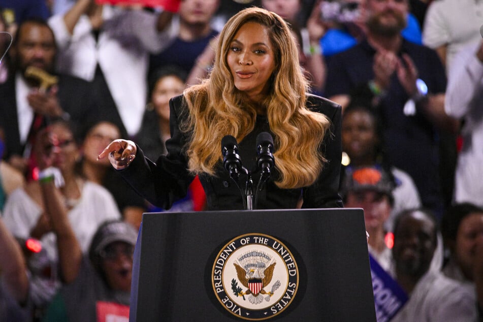 Beyoncé speaks during a campaign rally for Democratic presidential candidate Kamala Harris at Shell Energy Stadium in Houston, Texas, on October 25, 2024.