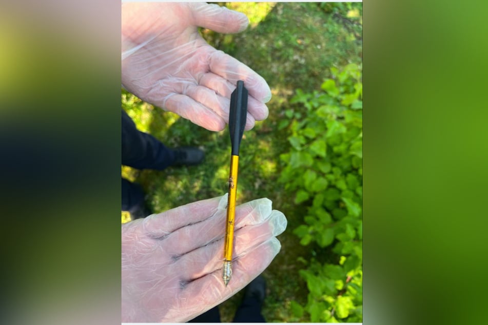 Mit diesem Pfeil aus einer Armbrust wurde eine Taube im Naturpark Kleve-Kellen erlegt.