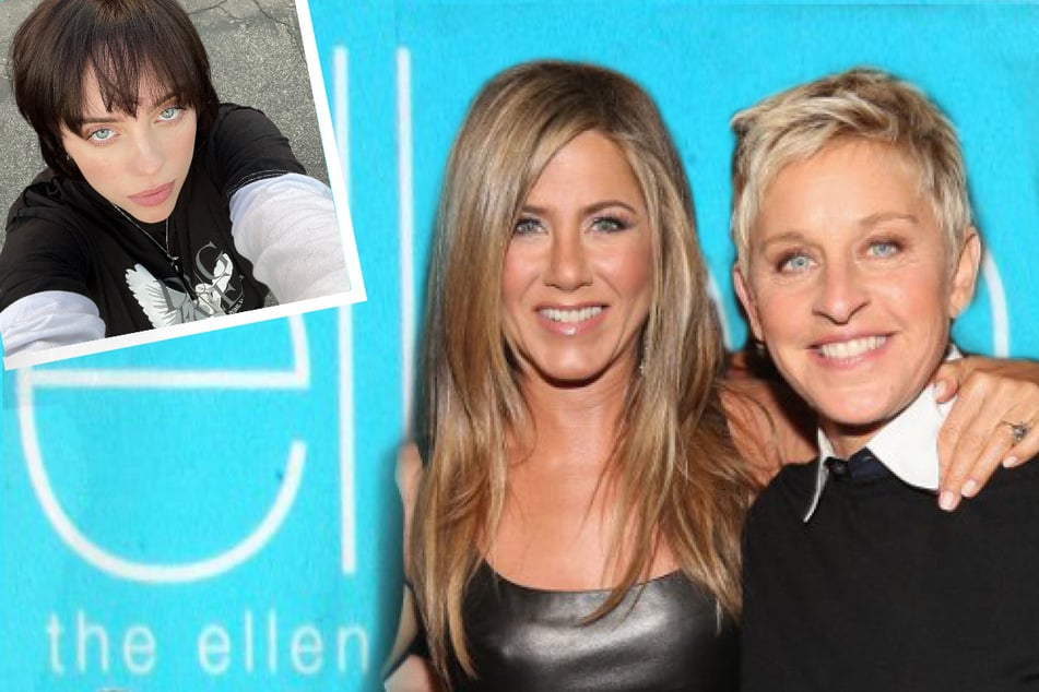 Jennifer Aniston (c.) was the first guest on Ellen DeGeneres' (r.) show in 2003, and will be the last on May 26 – along with Billie Eilish (inset l.) and P!nk.