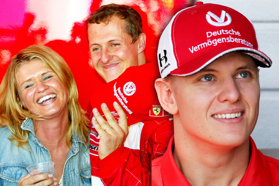 Michael (52) und Corinna Schumacher (52) freuen sich nach einem Rennen. Ihr Sohn Mick (22, r.) tritt in diesem Jahr erstmalig in der Formel 1 an.