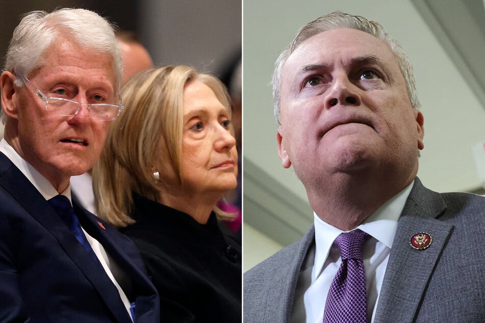 The Republican-led House Oversight Committee, led by Chairman James Comer (r.), is weighing whether to launch contempt of Congress proceedings against Bill (l.) and Hillary Clinton.