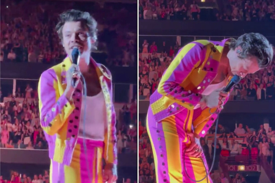 Harry Styles takes a painful hit below the belt while on stage!