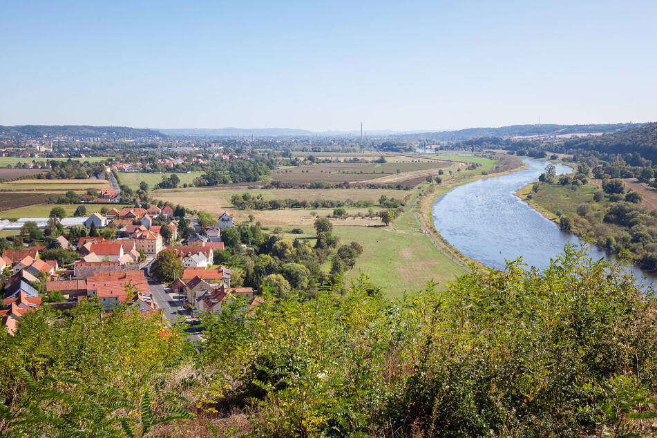 Die Aussicht von der Boselspitze auf Sörnewitz, Coswig und die Elbe.