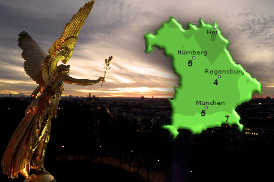 Die Sonne geht hinter der blattvergoldeten Bronzeguss-Statue des Friedensengels in München unter.