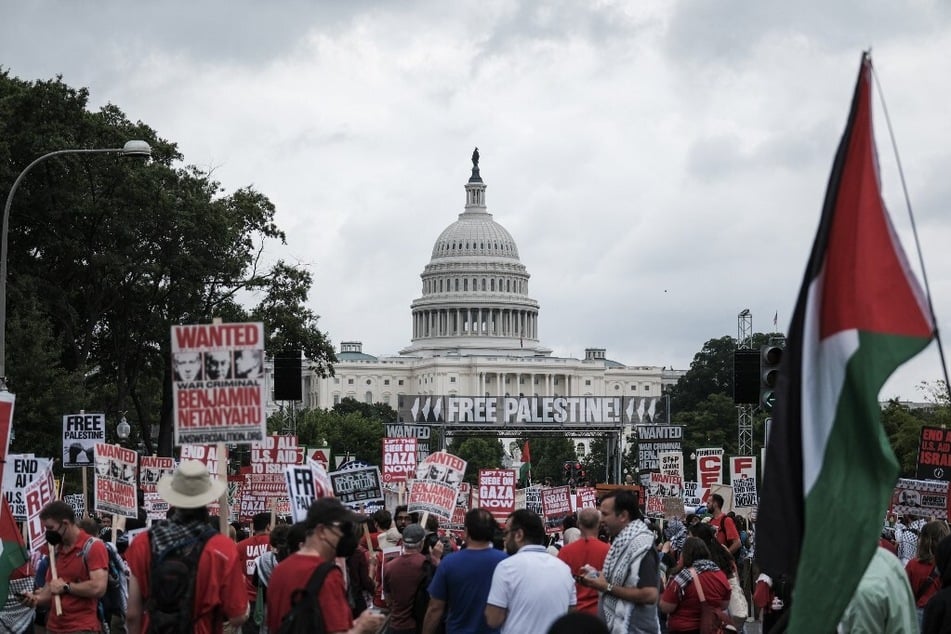 Activists gather on Capitol Hill in Washington DC to protest Israeli Prime Minister Benjamin Netanyahu's visit to the US and address to Congress in July 2024.