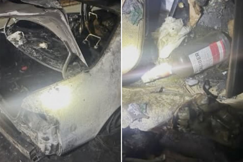 Von dem Auto blieb nicht viel übrig - einzig und allein die Flasche war noch in einem top Zustand.