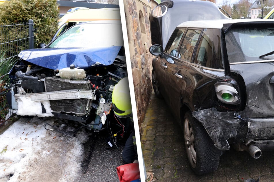 Schwerer Unfall in Chemnitz: Mini schleudert gegen Haus, zwei Personen verletzt