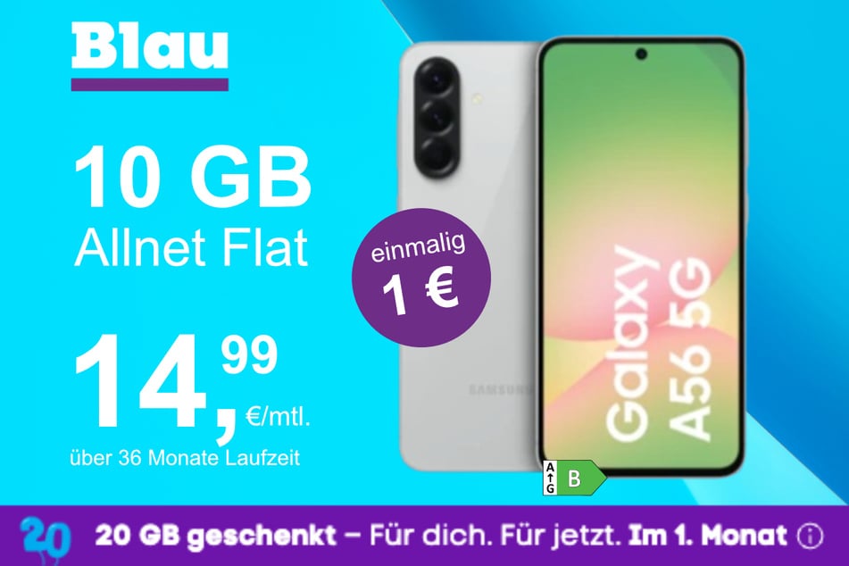 Das Samsung Galaxy A56 5G im Blau Allnet S für einmalig 1 Euro.