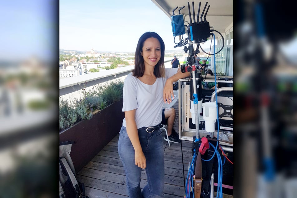 Stephanie Stumph (40) beim Dreh auf der Dachterrasse des DDV-Hochhauses.