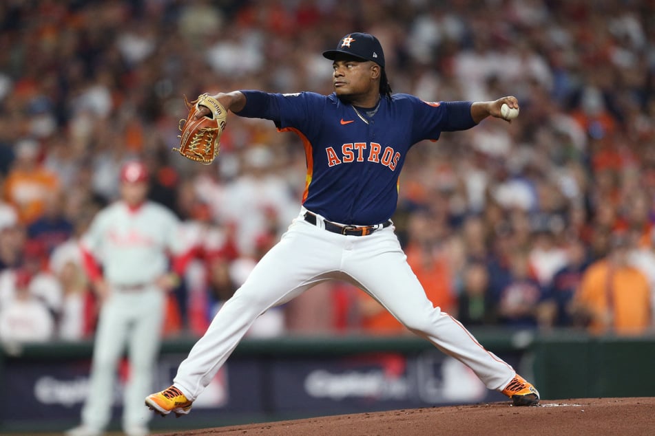 Houston Astros starting pitcher Framber Valdez throws a pitch during the first inning against the Philadelphia Phillies in Game 2 of the 2022 World Series at Minute Maid Park.