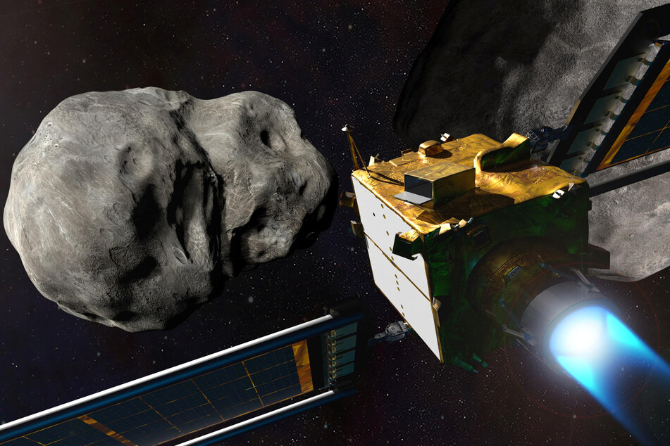 An illustration shows NASA's Double Asteroid Redirection Test spacecraft prior to impact at the Didymos binary asteroid system.