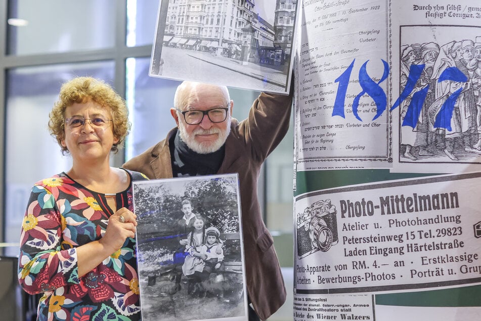 Nadia Vergne (58) mit dem Vorsitzenden der Israelitischen Gemeinde zu Leipzig Küf Kaufmann (75). Die in Frankreich lebende Jüdin versucht, Zugang zum Fotoarchiv ihres Großvaters zu erhalten.